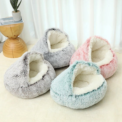 Fluffy Cat Cave Enclosed Dog Bed House Sleeping Nest - PawPlaza