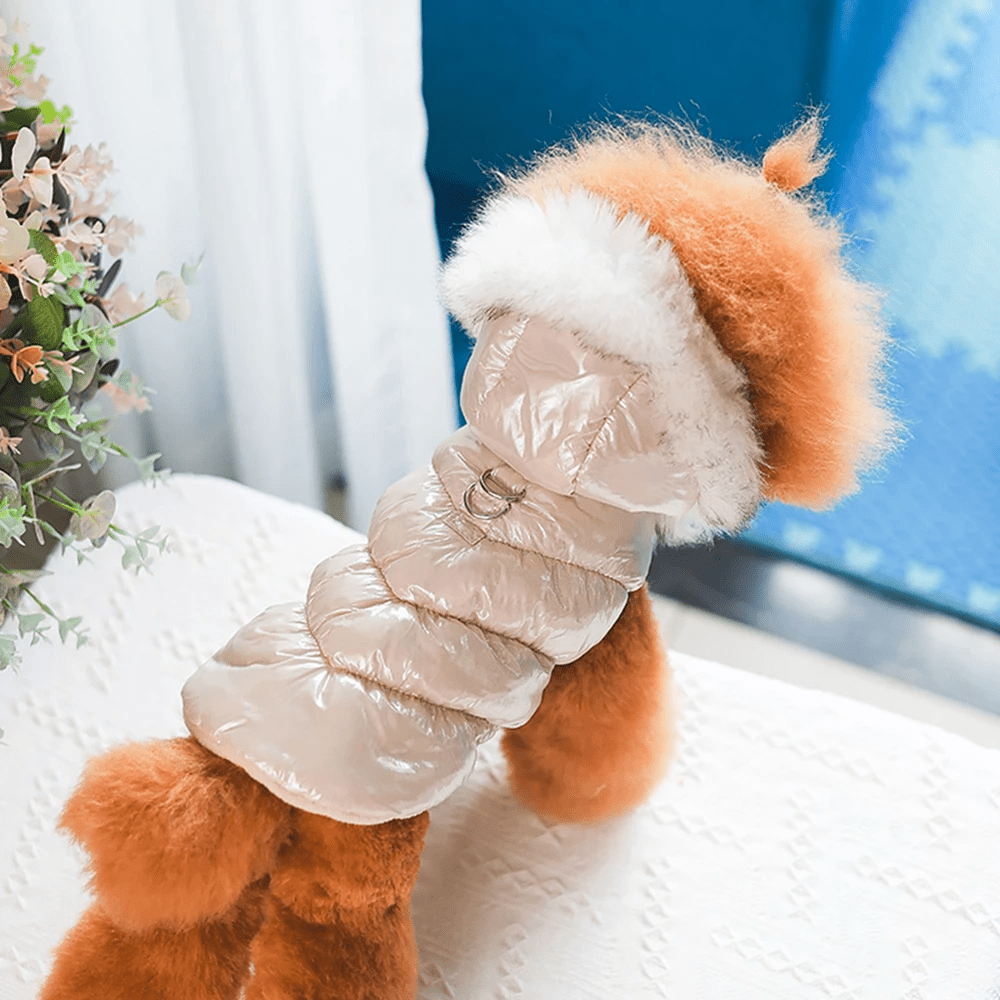 Fur Hooded Puffer Harness Jacket - PawPlaza