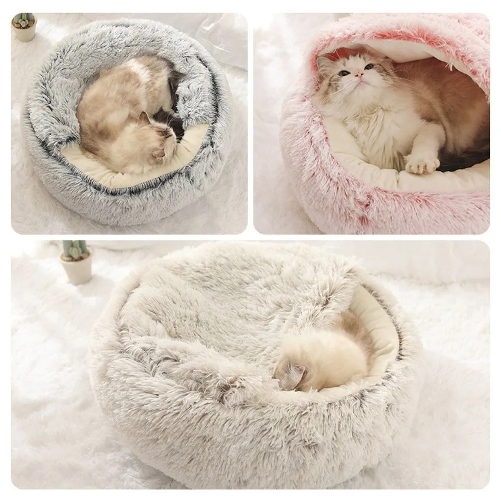 Fluffy Cat Cave Enclosed Dog Bed House Sleeping Nest