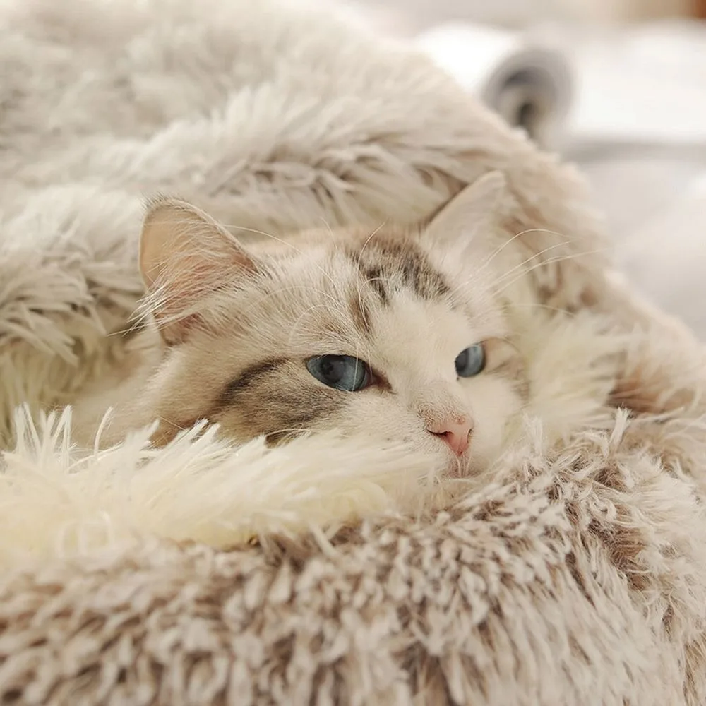 Fluffy Cat Cave Enclosed Dog Bed House Sleeping Nest