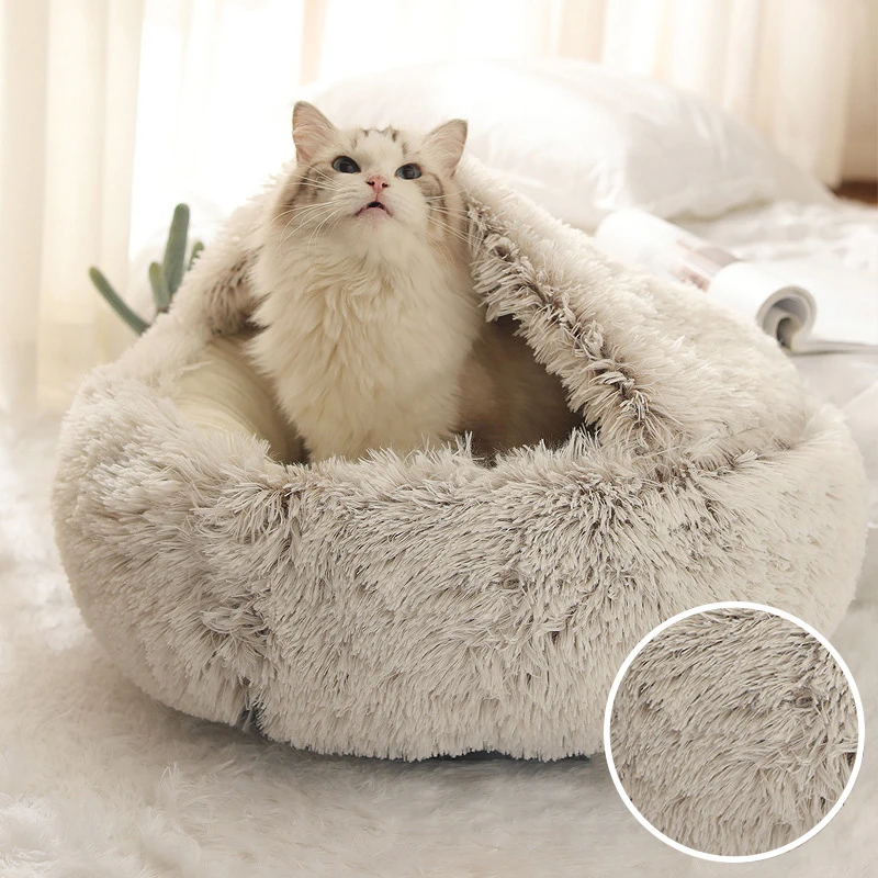 Fluffy Cat Cave Enclosed Dog Bed House Sleeping Nest